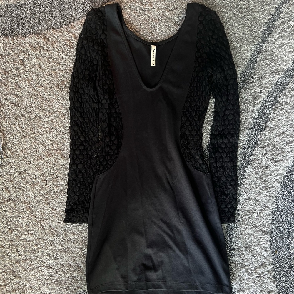 black lovemarks bodycon mini dress with mesh dot sleeves and cutouts, size XS
